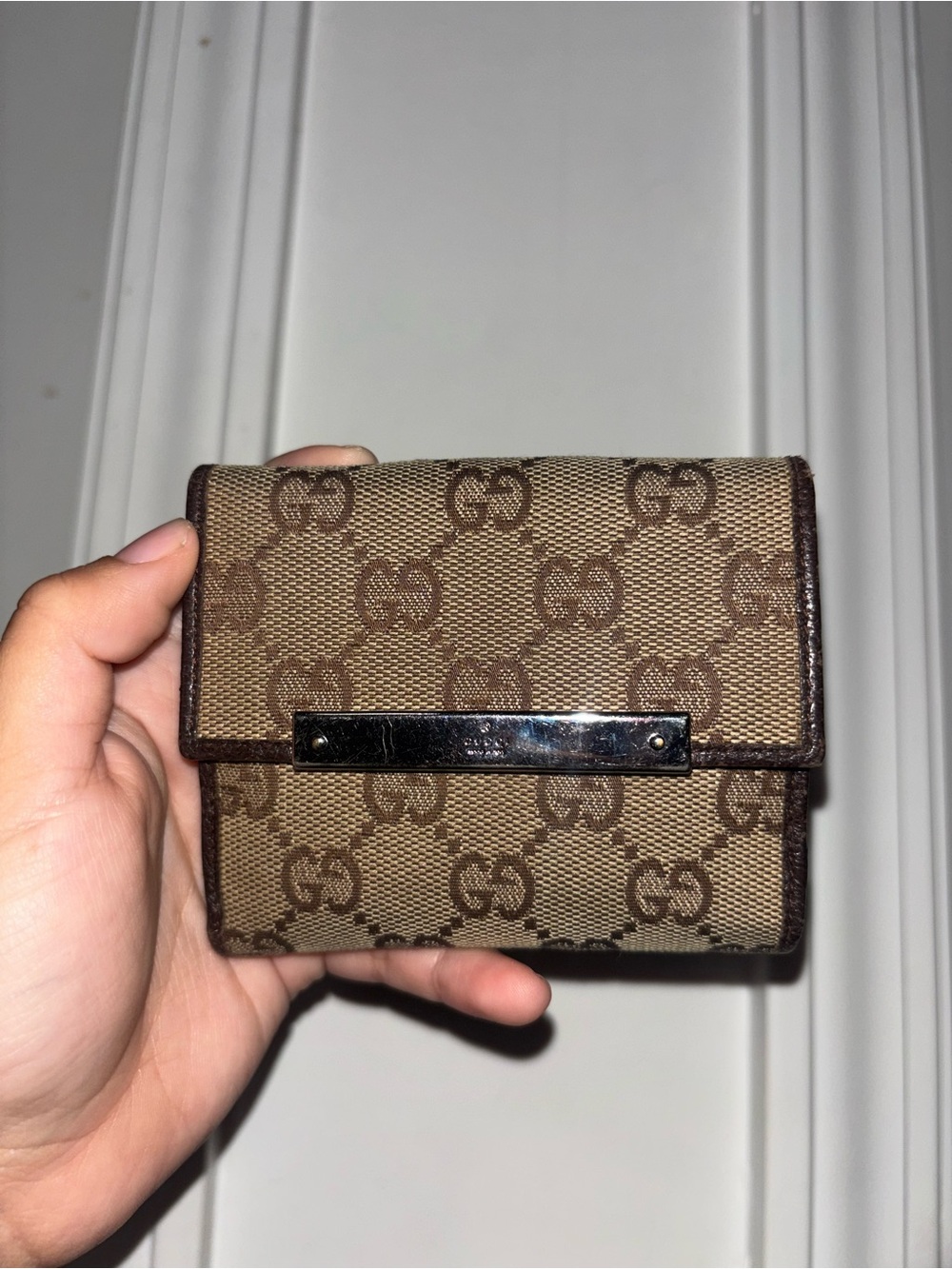 Gucci Brown GG Monogram Card Holder with Metal Plaque